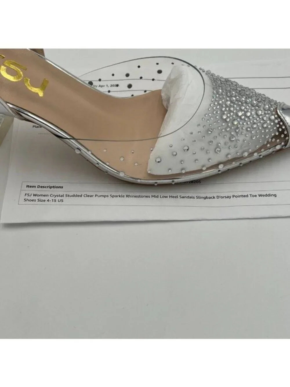 FSJ Silver Crystal Studded Clear Sparkle Rhinestones Clear Heel Slingback Shoes